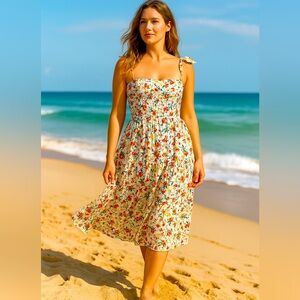 LUSH Floral Summer Bustier Tulip CottageCore Open Side Rib Dress- Size Medium